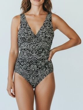 Land’s End Black/Ivory Grecian Floral One Piece